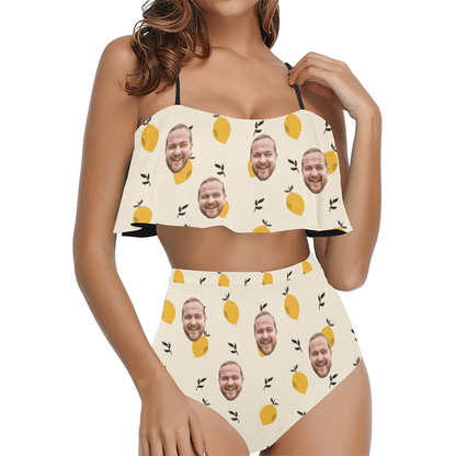 Custom Face Yellow Lemon Swimsuit | Unique Women's Two Piece High Waisted Ruffle Bikini Beach Outfits