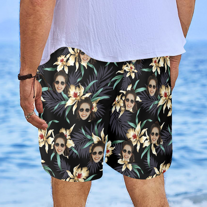Custom Face Lily Flowers Beach Shorts | Personalized Photo Men's Elastic Swim Trunks Birthday Vacation Party
