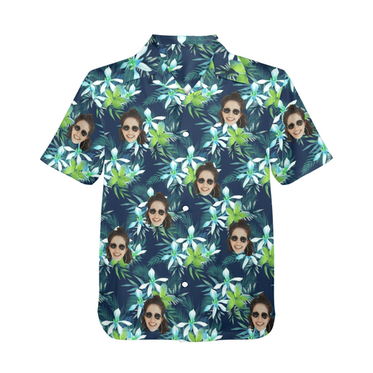 Custom Face Green Leaves Hawaiian Shirt | Personalized Tropical Aloha Shirt Birthday Party Gift