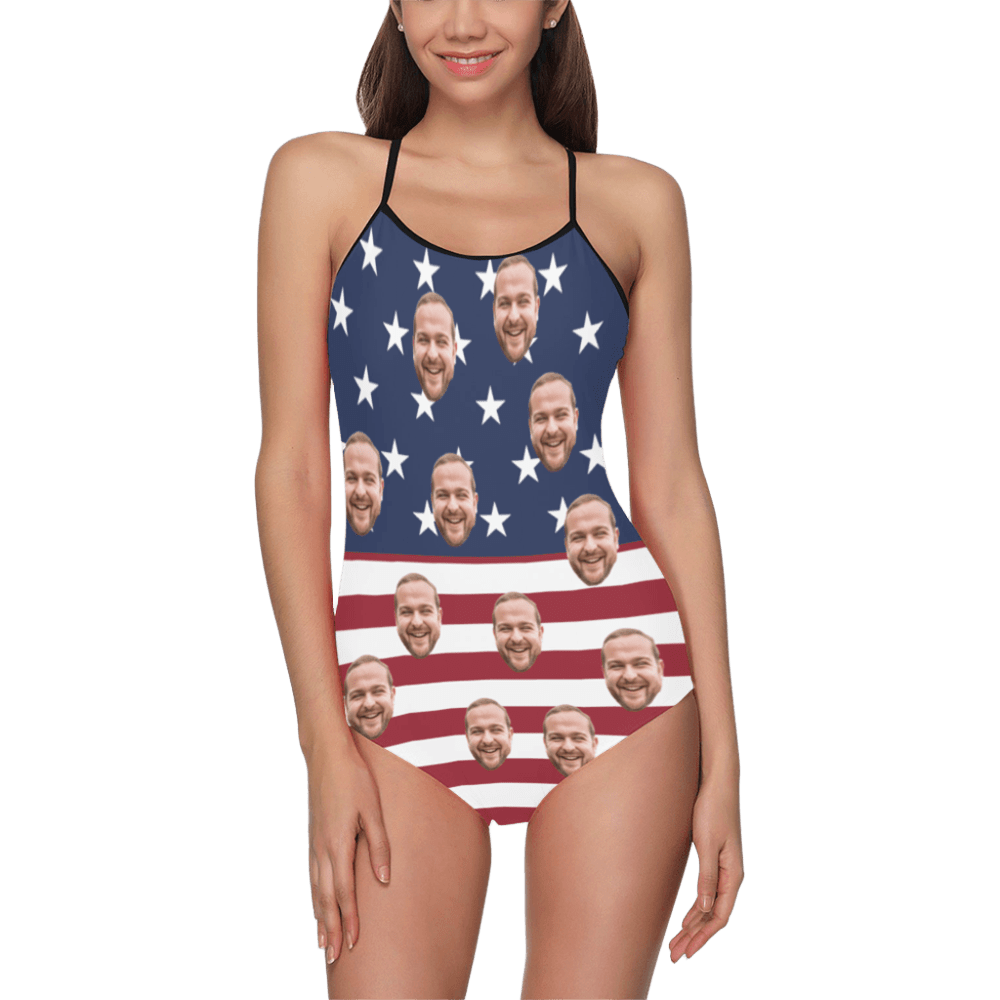 Custom Face American Flag Swimsuit | Personalized Women's Slip One-Piece Swimwear Holiday Party