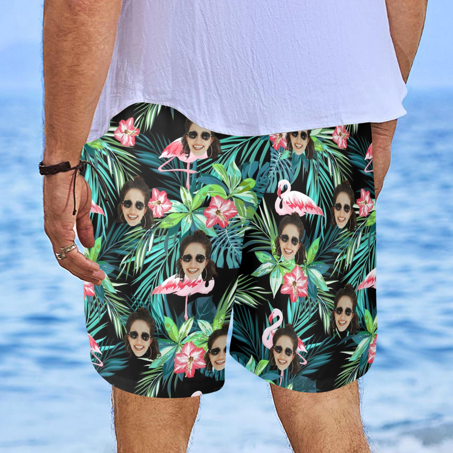 Custom Face Flamingo Beach Shorts | Personalized Photo Men's Elastic Swim Trunks For Summer Vacation