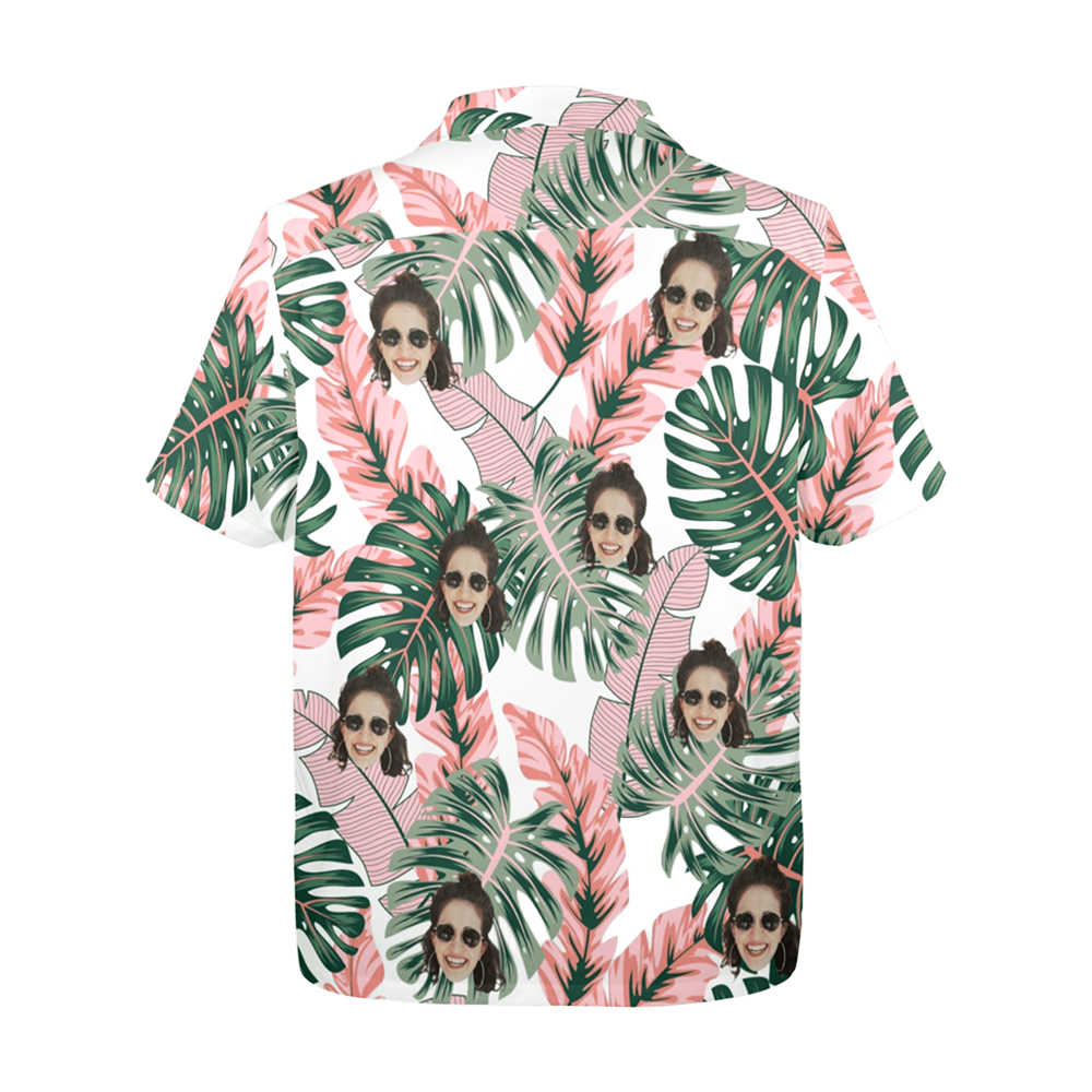 Custom Face Pink Plantain Leaves Hawaiian Shirt | Personalized Tropical Aloha Shirt Birthday Party Gift