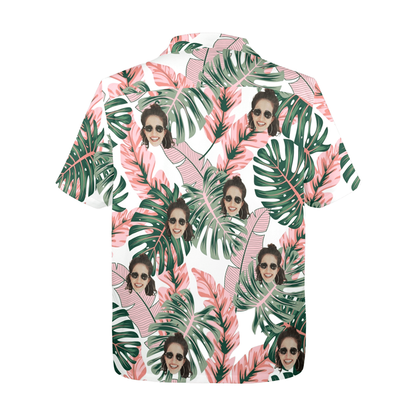 Custom Face Pink Plantain Leaves Hawaiian Shirt | Personalized Tropical Aloha Shirt Birthday Party Gift