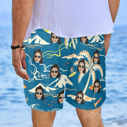 Custom Face Surfing Island Beach Shorts | Personalized Photo Men's Elastic Swim Trunks For Vacation
