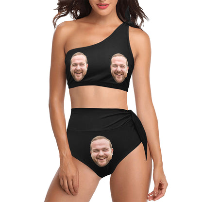 Custom Husband's Face Swimwear Swimsuit | Personalized Women's High Waisted One Shoulder Bikini Set