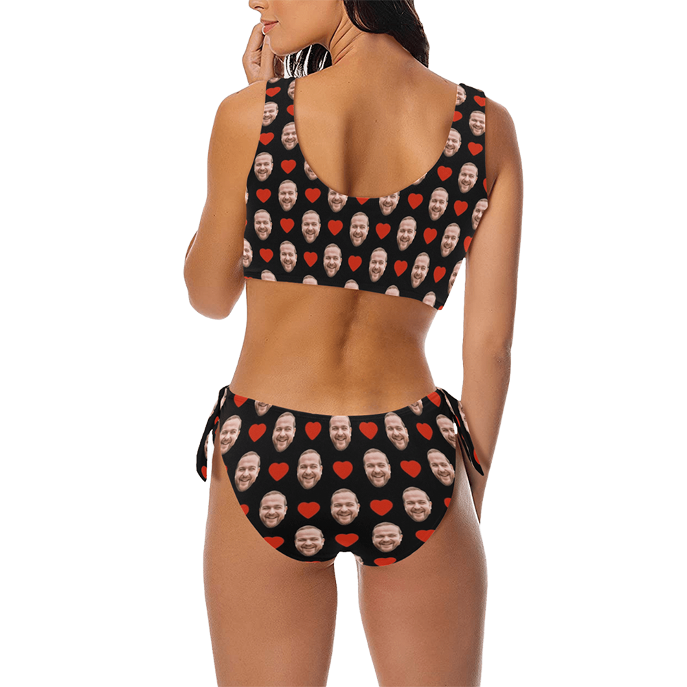 Custom Red Heart Face Swimsuit | Personalized Women's Chest Strap Tie Side Low Waisted Bikini Beach Pool Outfits