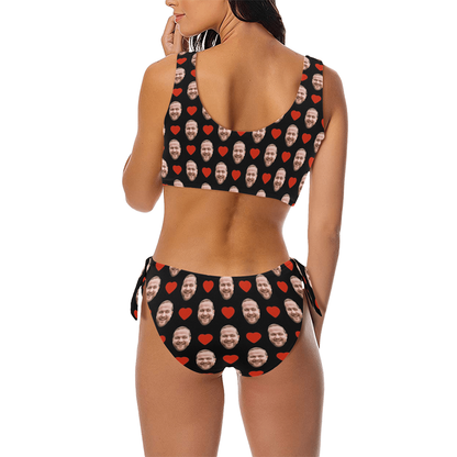 Custom Red Heart Face Swimsuit | Personalized Women's Chest Strap Tie Side Low Waisted Bikini Beach Pool Outfits