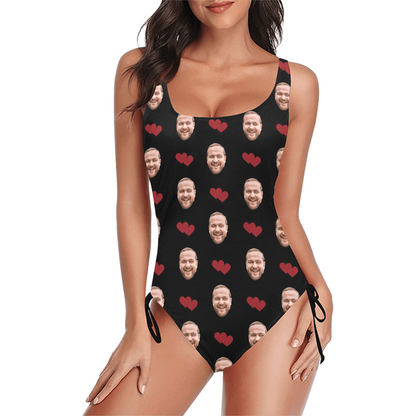 Custom Love Heart Face Swimsuit | Unique Women's New Drawstring Side One Piece Swimwear Gift For Her