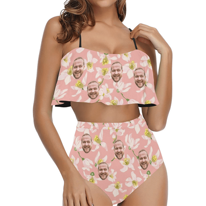 Custom Pink Flower Face Swimsuit | Unique Women's Two Piece High Waisted Ruffle Bikini Beach Pool