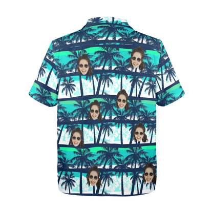 Custom Face Blue & Green Coconut Tree Hawaiian Shirt | Personalized Tropical Aloha Shirt Father's Day Gift