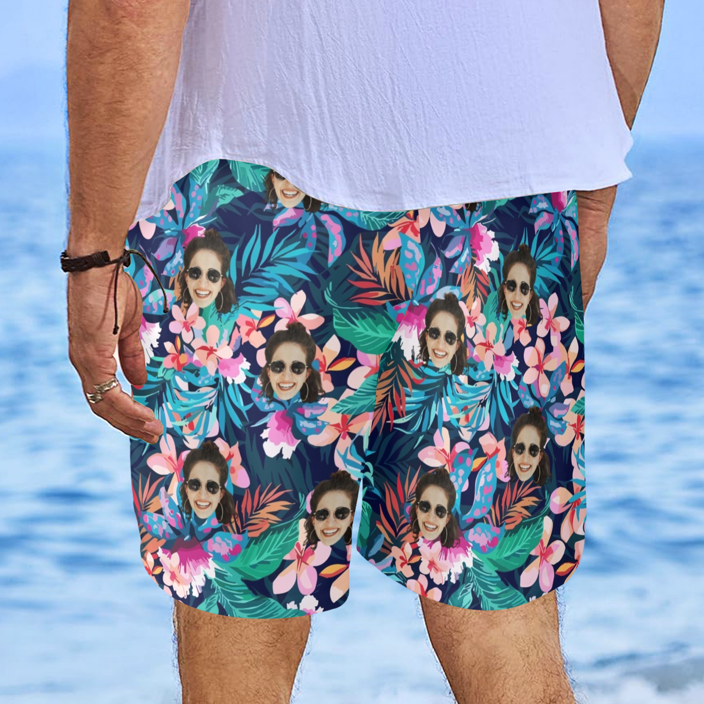 Custom Face Sea Flower Beach Shorts | Personalized Photo Men's Elastic Swim Trunks Vacation Party