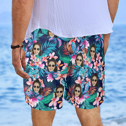 Custom Face Sea Flower Beach Shorts | Personalized Photo Men's Elastic Swim Trunks Vacation Party