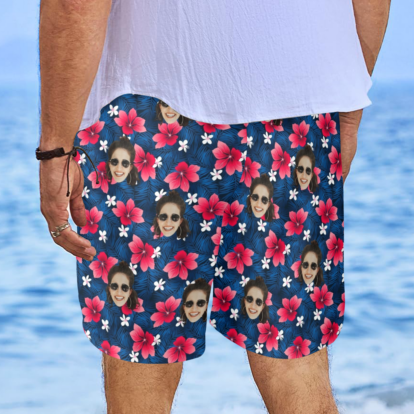 Custom Face Flower Petals Beach Shorts | Personalized Photo Men's Elastic Swim Trunks For Father's Day
