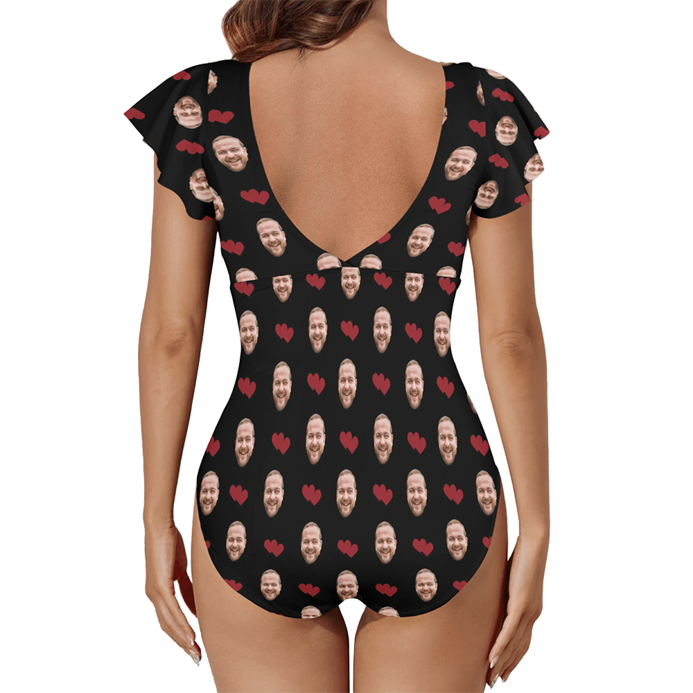 Custom Red Love Face Swimsuit | Personalized Women's Twist Front Ruffle Sleeve Bathing Suit Anniversary Gift