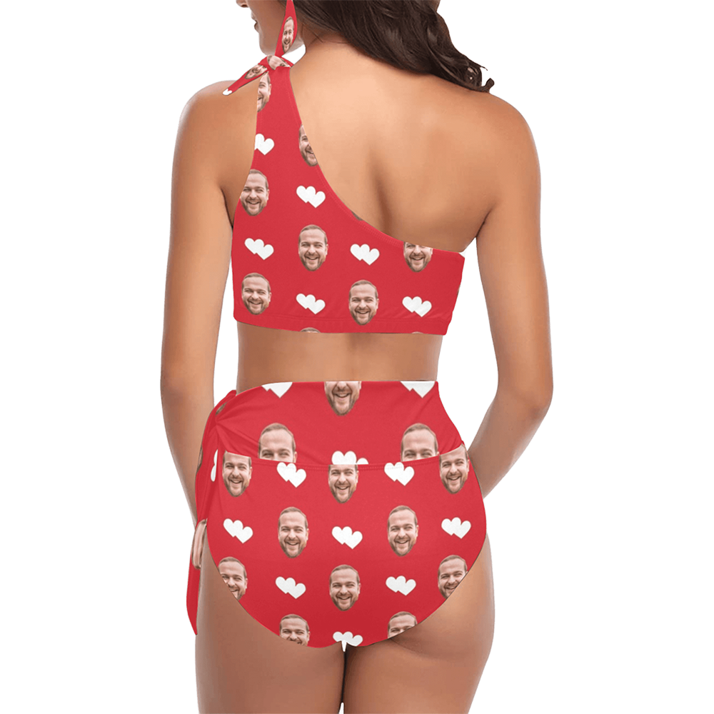 Custom Heart Face Red Swimsuit | Personalized Women's High Waisted One Shoulder Bikini Set For Cruise Trip