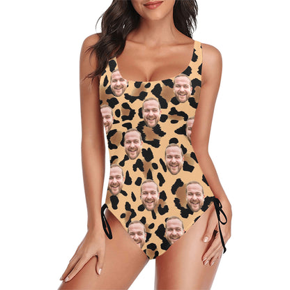 Custom Face Leopard Swimsuit | Unique Women's New Drawstring Side One Piece Swimwear For Vacation/Party