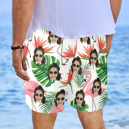 Custom Face Pink Flamingo Beach Shorts | Personalized Photo Men's Elastic Swim Trunks For Cruise