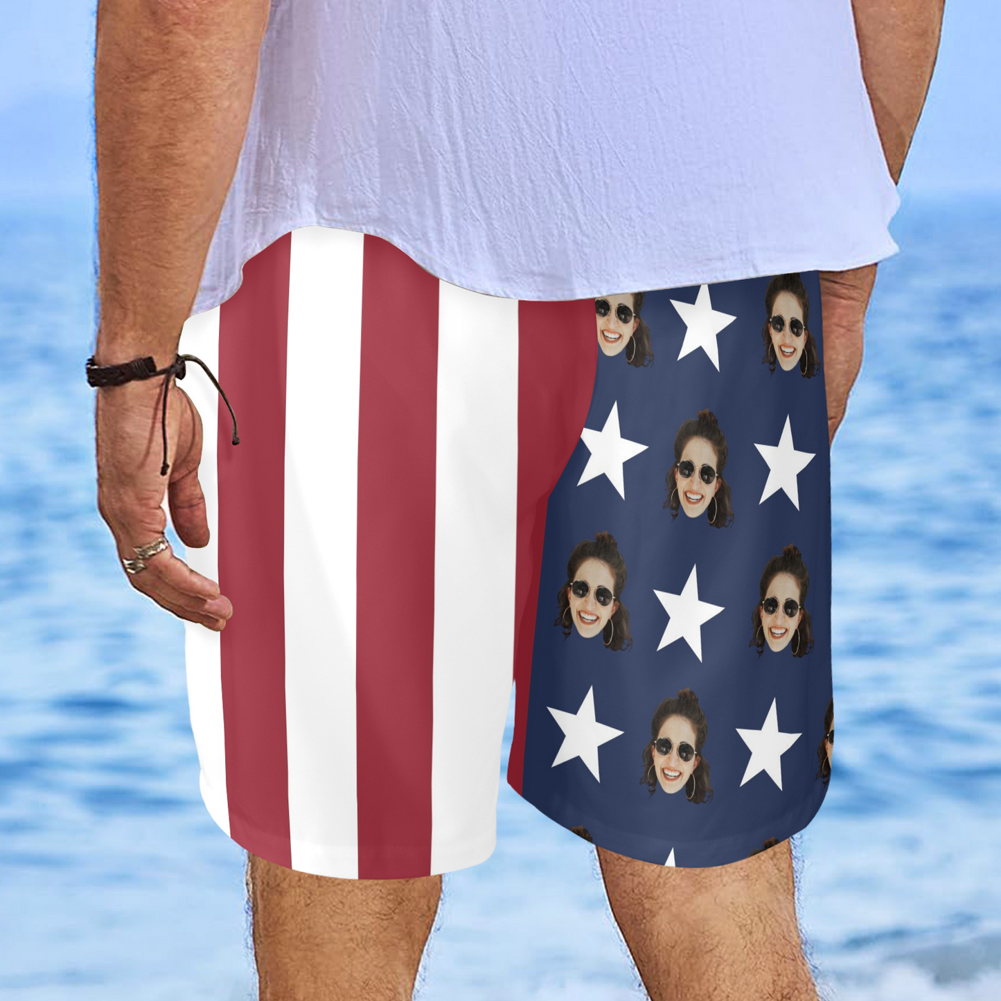 Custom Face American Flag Beach Shorts | Personalized Photo Men's Elastic Swim Trunks For Independence Day