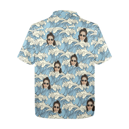 Custom Face Blue Waves Hawaiian Shirt | Personalized Summer Vibes Tropical Aloha Shirt