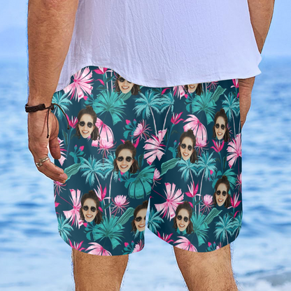 Custom Face Coconut Flowers Beach Shorts | Personalized Photo Men's Elastic Swim Trunks For Holiday