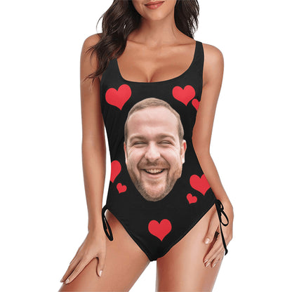 Custom Red Heart Big Face Swimsuit | Unique Women's New Drawstring Side One Piece Swimwear Honeymoon Anniversary Gift