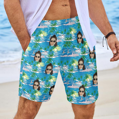 Custom Face Blue Sea And Island Beach Shorts | Personalized Photo Men's Elastic Swim Trunks For Husband