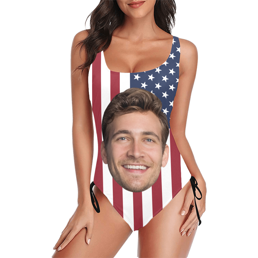 Custom USA Flag Face Swimsuit | Unique Women's New Drawstring Side One Piece Swimwear 4th Of July