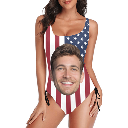 Custom USA Flag Face Swimsuit | Unique Women's New Drawstring Side One Piece Swimwear 4th Of July