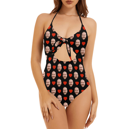 Custom Heart Face Swimsuit | Personalized Women's Backless Bow One Piece Bathing Suit Party Gift