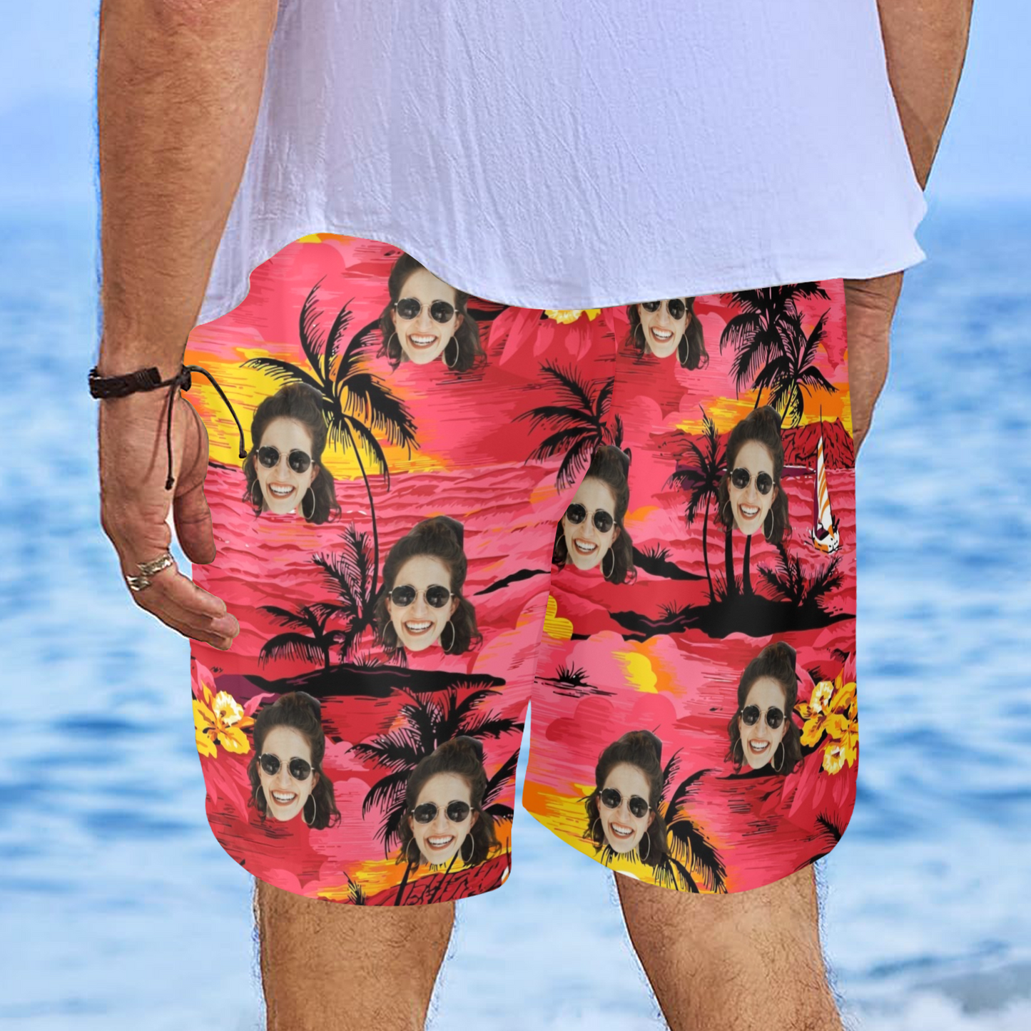 Custom Face Watercolor Print Beach Shorts | Personalized Photo Men's Elastic Swim Trunks For Beach Trip