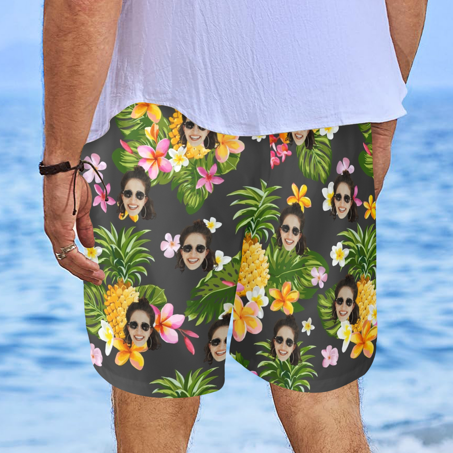 Custom Face Yellow Pineapple Beach Shorts | Personalized Photo Men's Elastic Swim Trunks Beach Trip