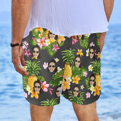 Custom Face Yellow Pineapple Beach Shorts | Personalized Photo Men's Elastic Swim Trunks Beach Trip