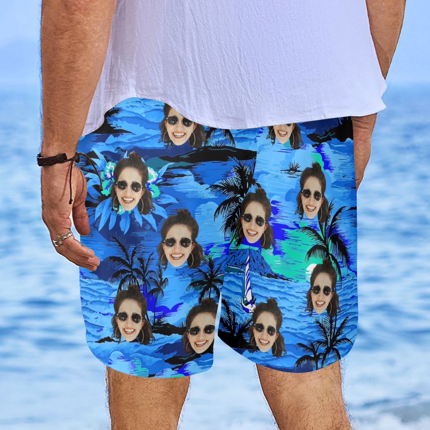 Custom Face Blue Island Beach Shorts | Personalized Photo Men's Elastic Swim Trunks For Vacation