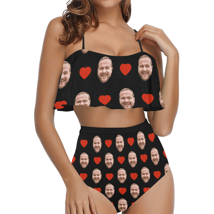 Custom Red Heart Face Swimsuit | Unique Women's Two Piece High Waisted Ruffle Bikini Pool Outfits
