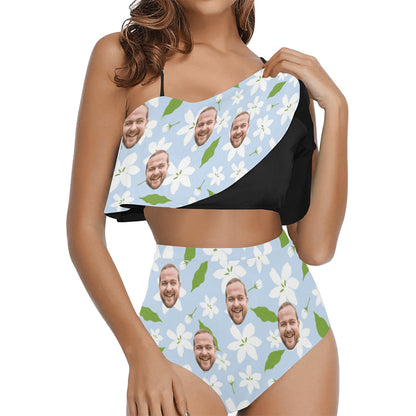 Custom Face Blue Lily Floral Swimsuit | Unique Women's Two Piece High Waisted Ruffle Bikini Beach Outfits For Honeymoon