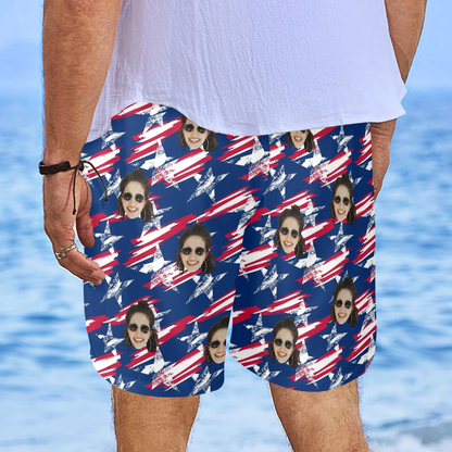 Custom Face Vintage USA Flag Beach Shorts | Personalized Photo Men's Elastic Swim Trunks For 4th Of July