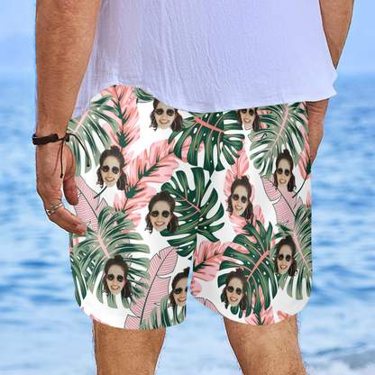 Custom Face Pink Plantain Leaves Beach Shorts | Personalized Photo Men's Elastic Swim Trunks Vacation Party Gift