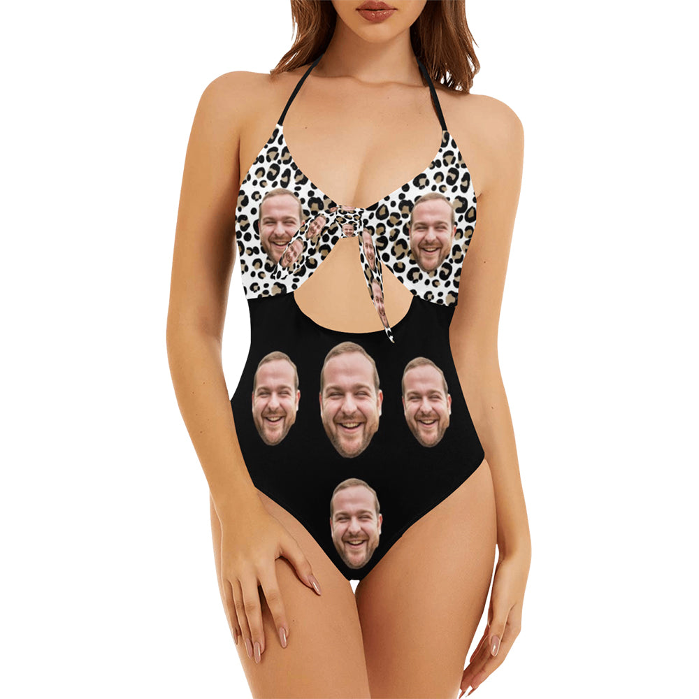 Custom Face Leopard Swimsuit | Personalized Women's Backless Bow One Piece Bathing Suit For Cruise Trip