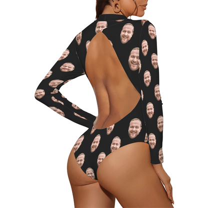 Custom Husband/Boyfriend Face Swimsuit | Personalized Women's Backless Long Sleeve One-Piece Bathing Suit For Honeymoons