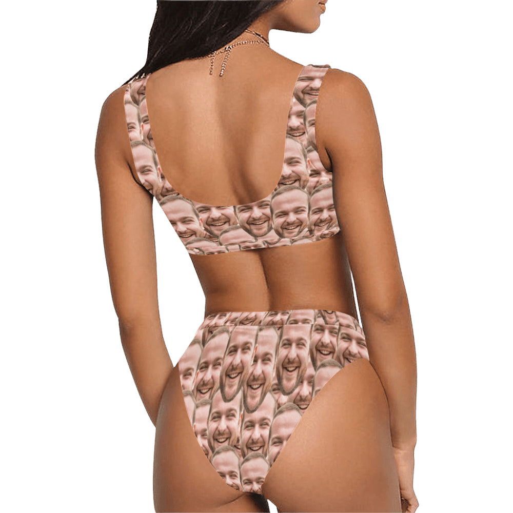 Custom Dense Face Swimsuit | Personalized Women's Scoop Neck Sport Top High Waisted Bikini Party Surprise