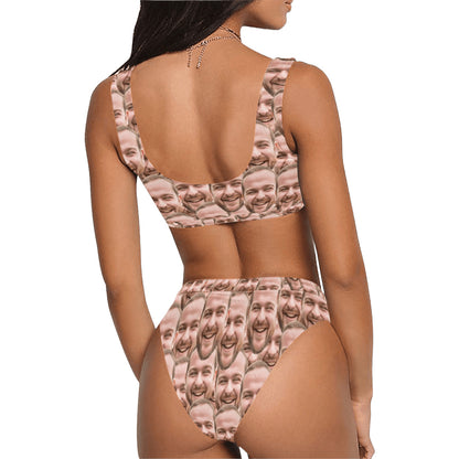 Custom Dense Face Swimsuit | Personalized Women's Scoop Neck Sport Top High Waisted Bikini Party Surprise