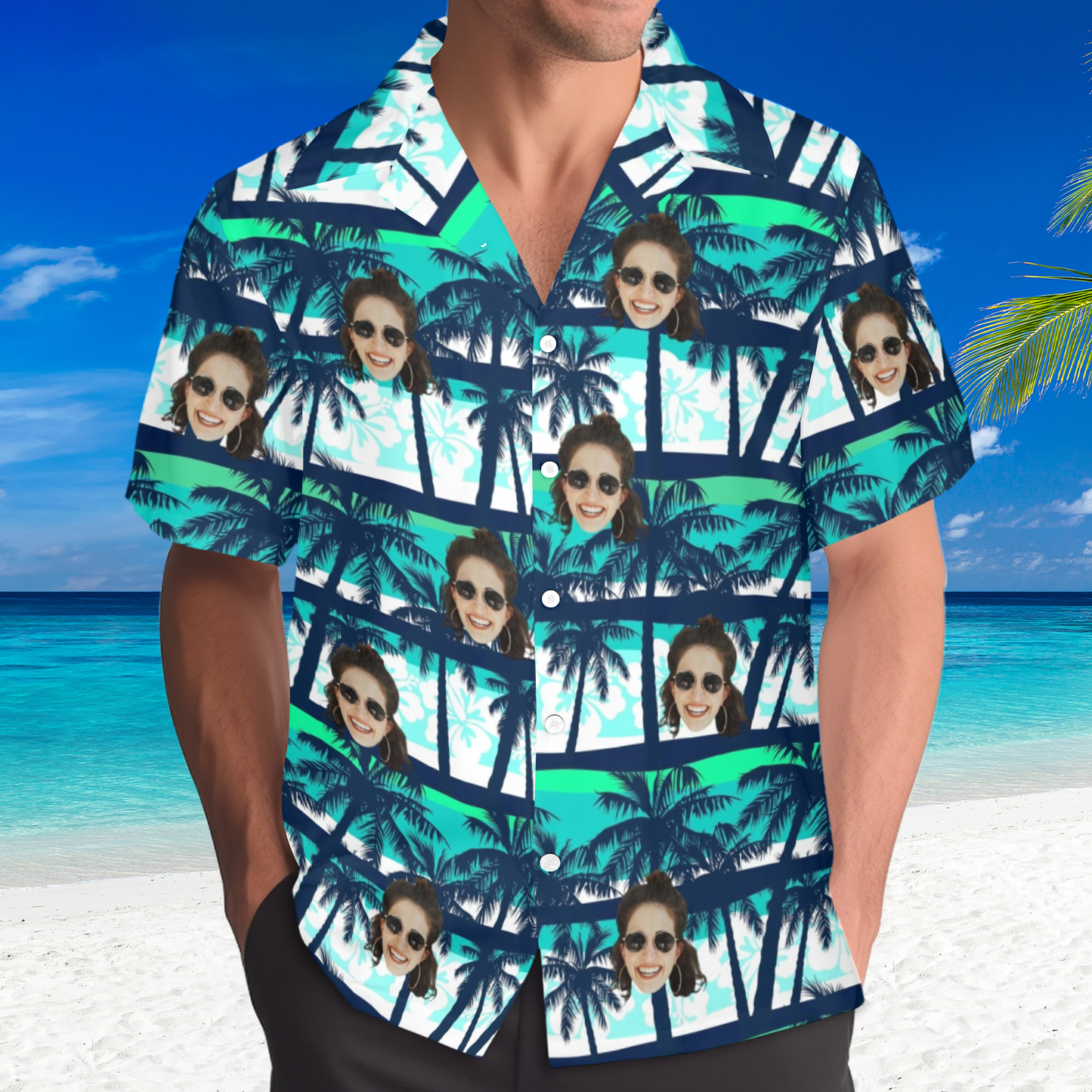 Custom Face Blue & Green Coconut Tree Hawaiian Shirt | Personalized Tropical Aloha Shirt Father's Day Gift