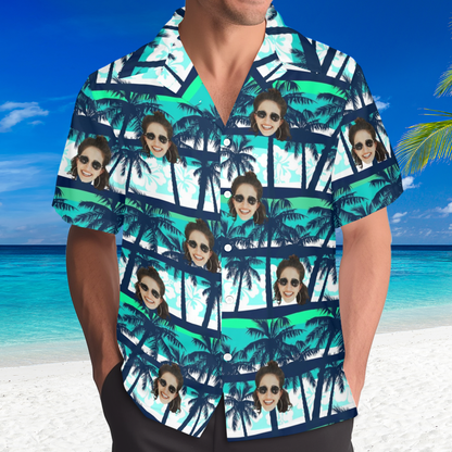 Custom Face Blue & Green Coconut Tree Hawaiian Shirt | Personalized Tropical Aloha Shirt Father's Day Gift