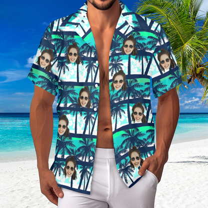 Custom Face Blue & Green Coconut Tree Hawaiian Shirt | Personalized Tropical Aloha Shirt Father's Day Gift
