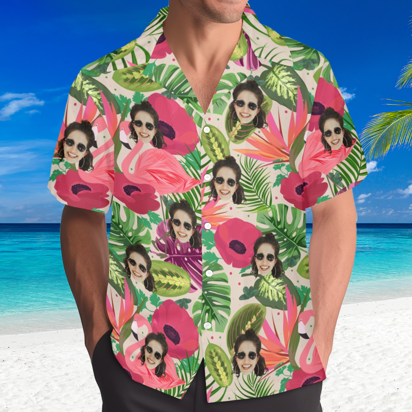 Custom Face Flamingo Rainforest Vibes Hawaiian Shirt | Personalized Tropical Aloha Shirt For Vacation/Cruise