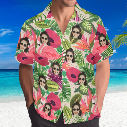 Custom Face Flamingo Rainforest Vibes Hawaiian Shirt | Personalized Tropical Aloha Shirt For Vacation/Cruise