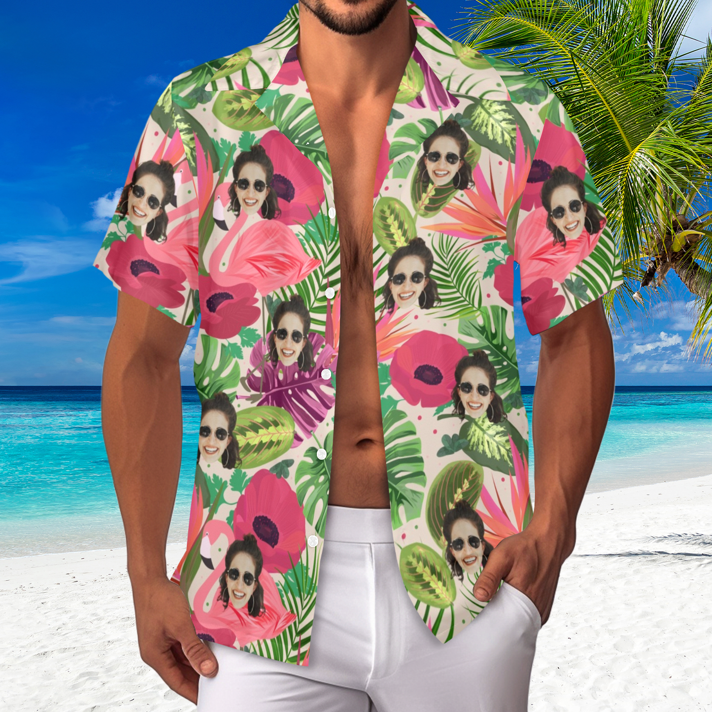 Custom Face Flamingo Rainforest Vibes Hawaiian Shirt | Personalized Tropical Aloha Shirt For Vacation/Cruise