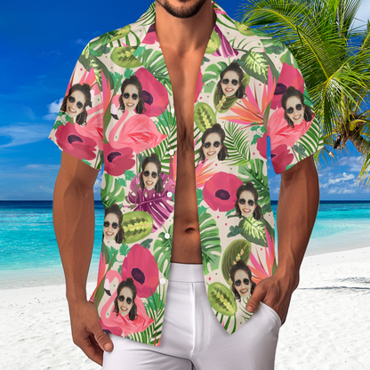 Custom Face Flamingo Rainforest Vibes Hawaiian Shirt | Personalized Tropical Aloha Shirt For Vacation/Cruise