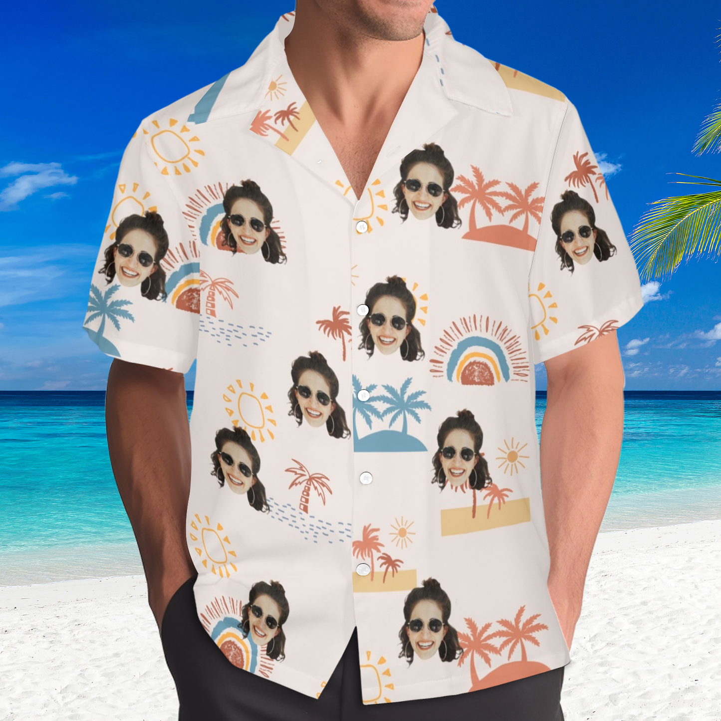 Custom Face Anime Sunset Coconut Breeze Hawaiian Shirt | Personalized Tropical Aloha Shirt For Wedding/Bachelor Party