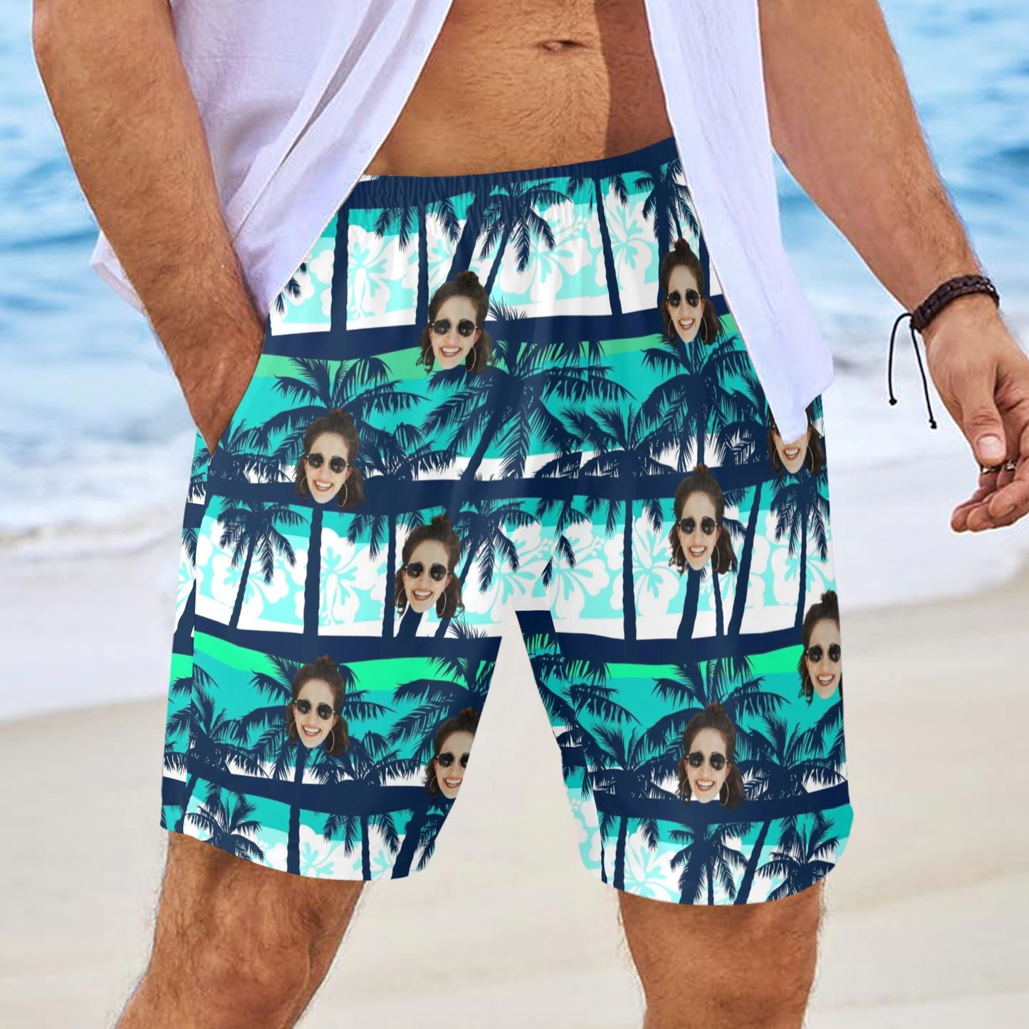 Custom Face Blue & Green Coconut Tree Beach Shorts | Personalized Photo Men's Elastic Swim Trunks Father's Day Gift